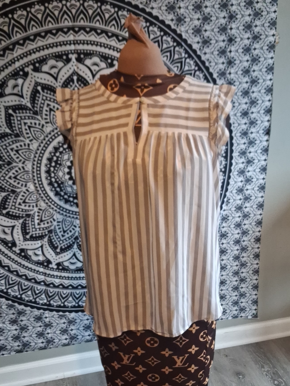 LOFT Beige and White Striped Cap-Sleeve Blouse